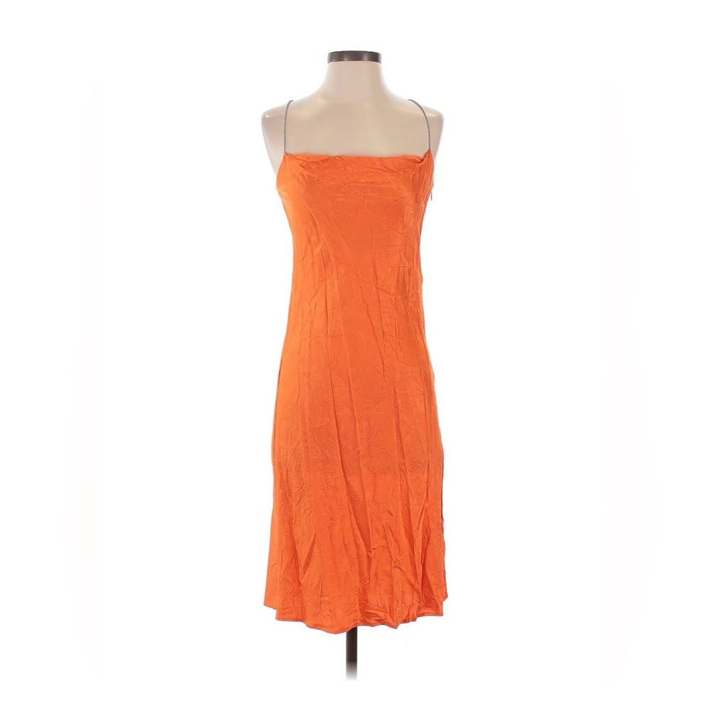 Crossback Silky Slip Dress with Chain Straps and Side Slit